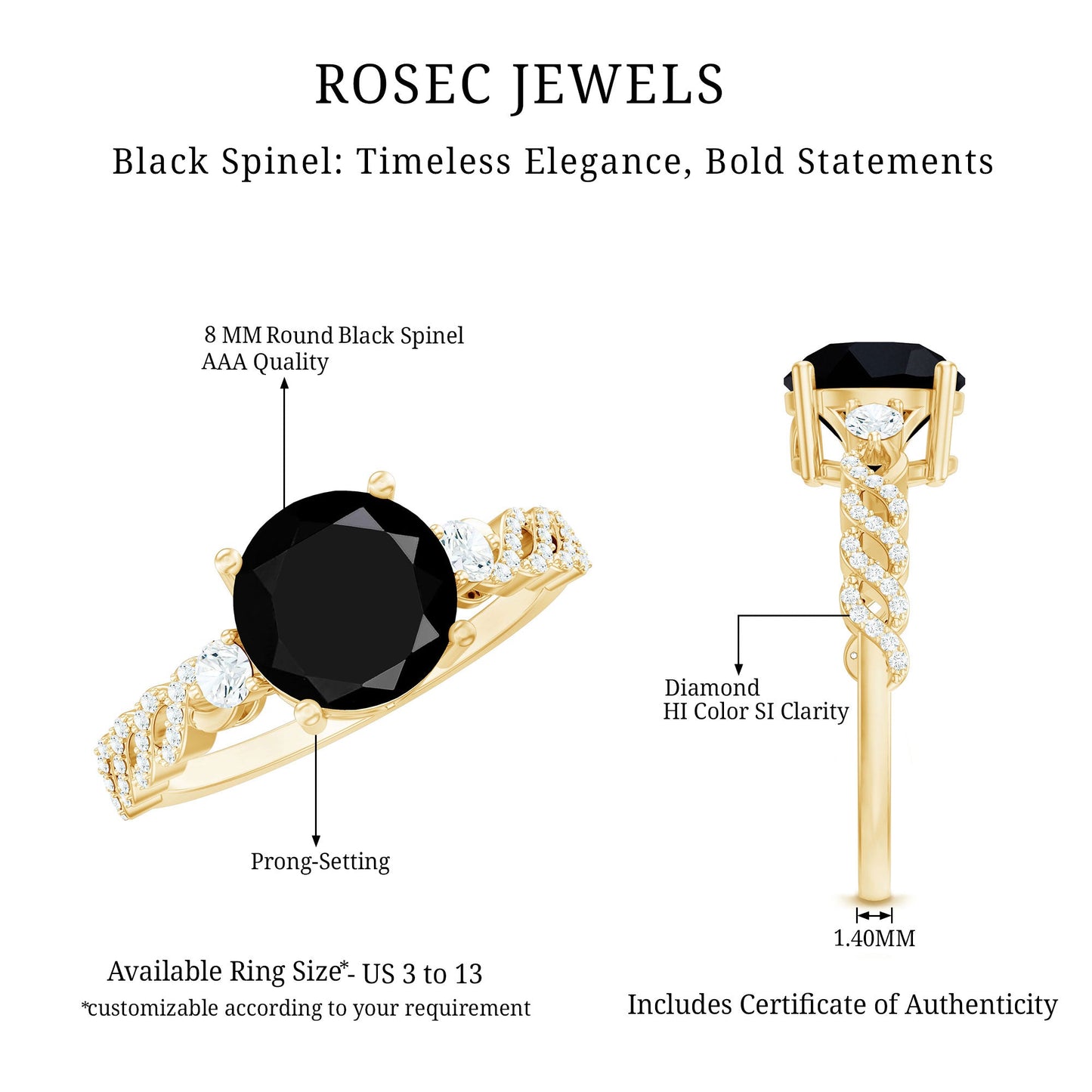 Designer 8mm Black Spinel Engagement Ring with Diamond