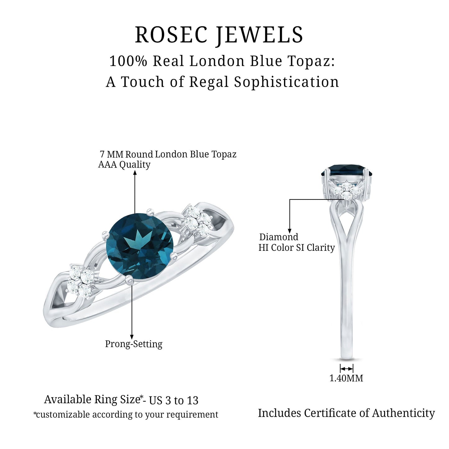 7mm London Blue Topaz Solitaire Engagement Ring with Diamond