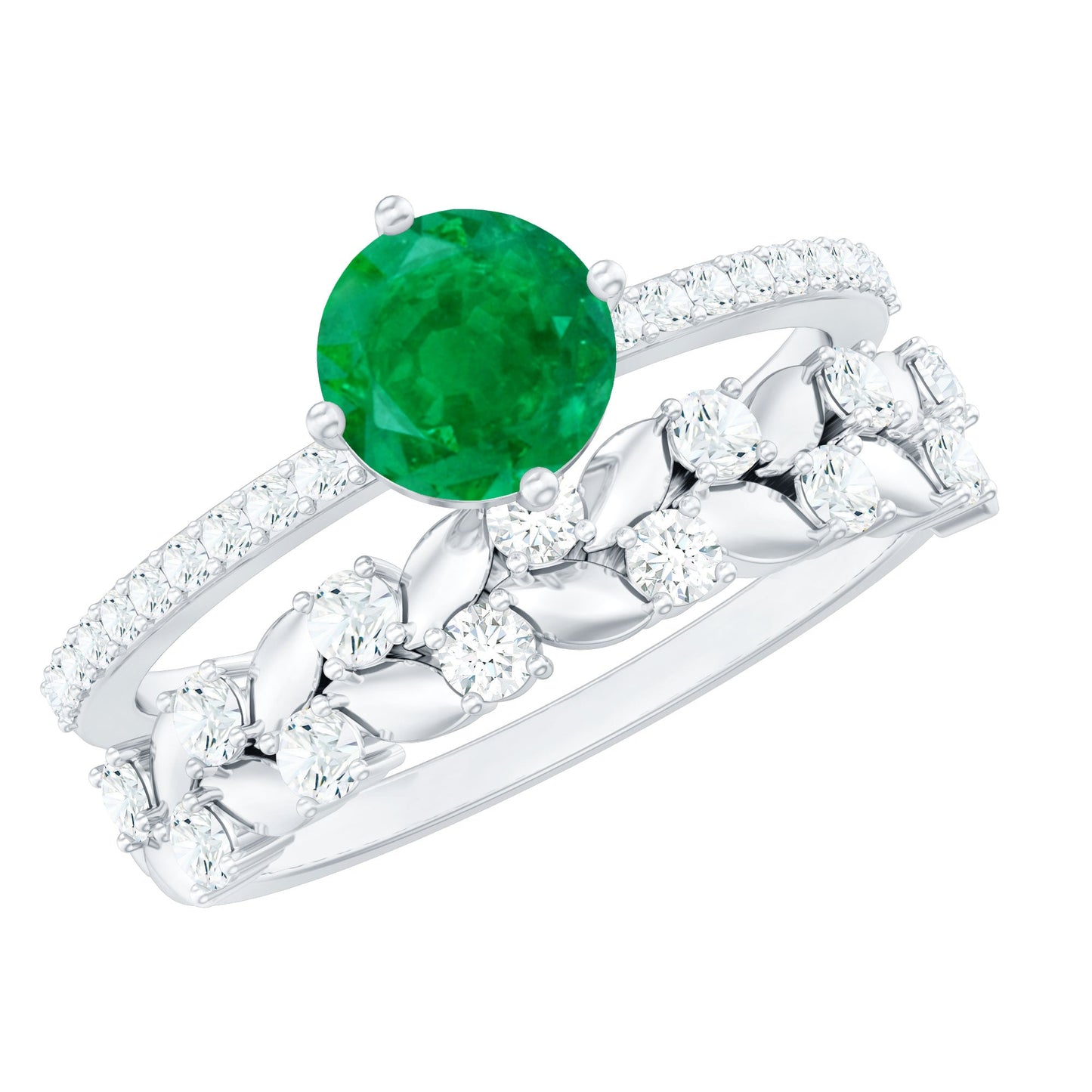 Nature Inspired Emerald Moissanite Wedding Bridal Ring Set of 2