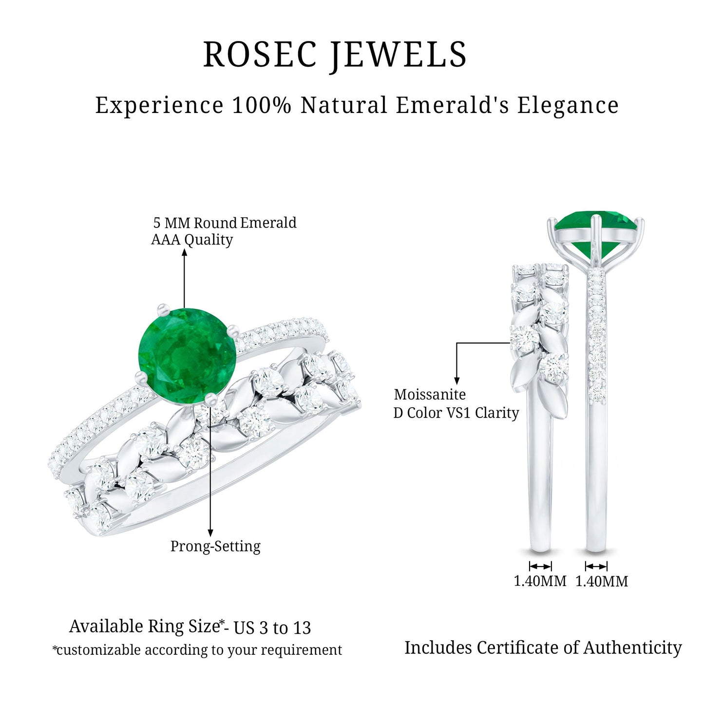 Nature Inspired Emerald Moissanite Wedding Bridal Ring Set of 2