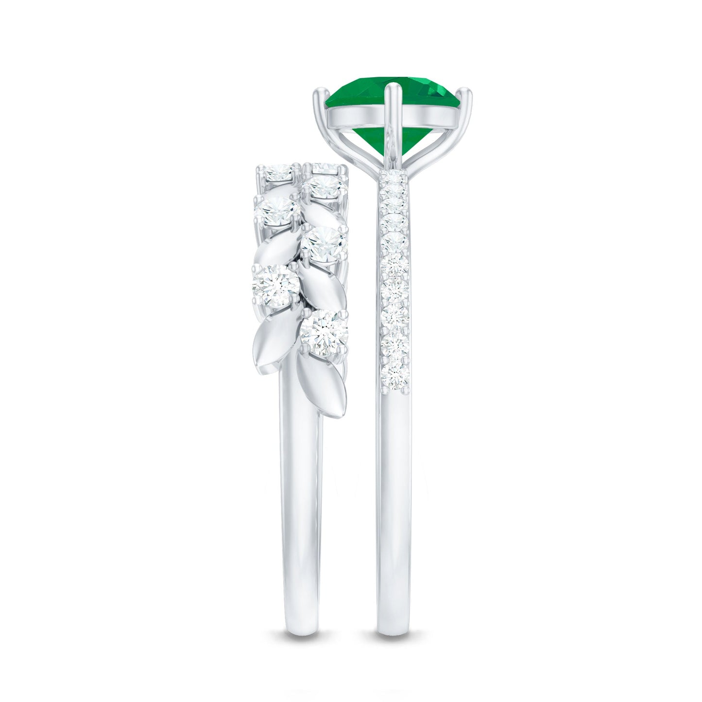 Nature Inspired Emerald Moissanite Wedding Bridal Ring Set of 2