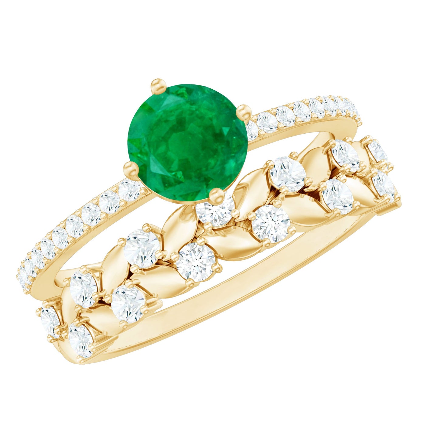Nature Inspired Emerald Moissanite Wedding Bridal Ring Set of 2