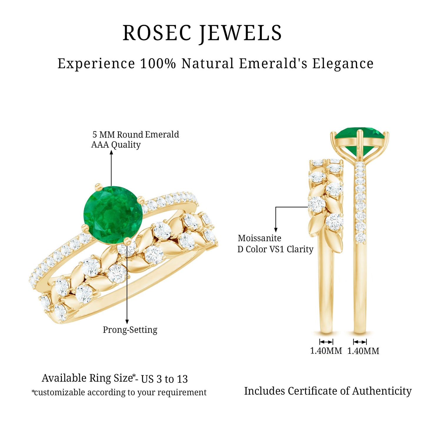 Nature Inspired Emerald Moissanite Wedding Bridal Ring Set of 2