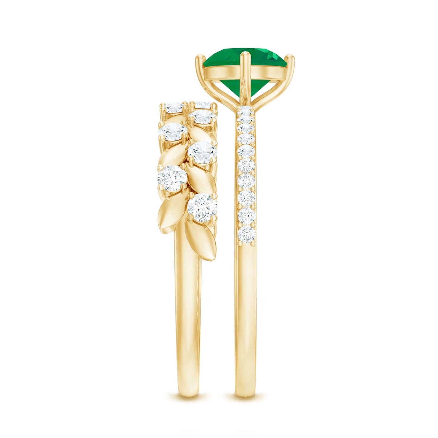 Nature Inspired Emerald Moissanite Wedding Bridal Ring Set of 2