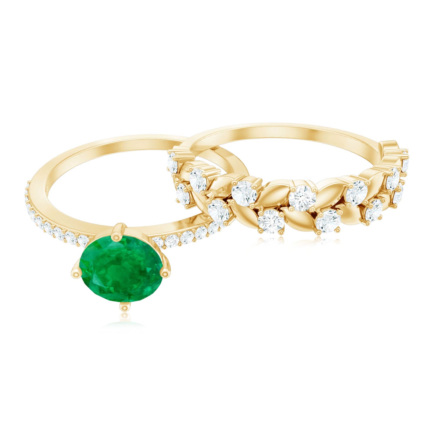 Nature Inspired Emerald Moissanite Wedding Bridal Ring Set of 2
