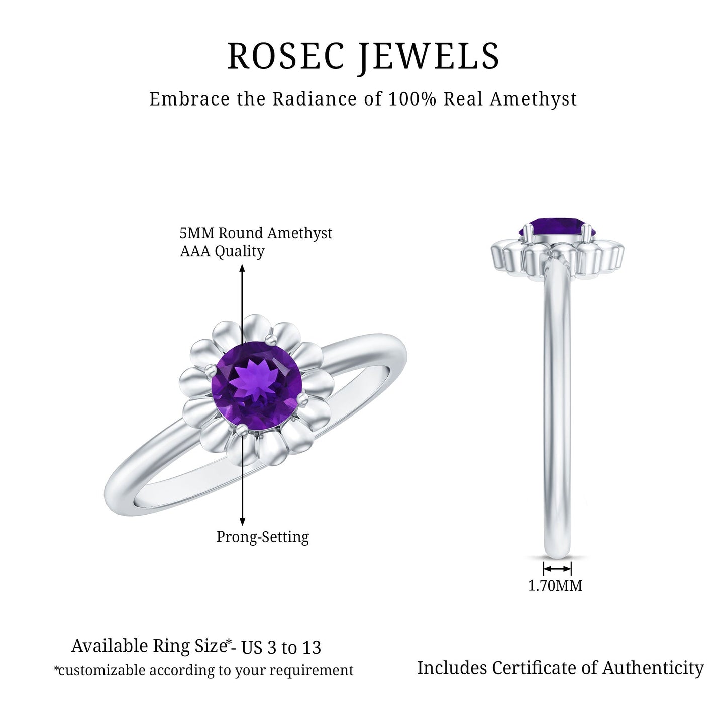 Round Cut Solitaire Amethyst Flower Ring