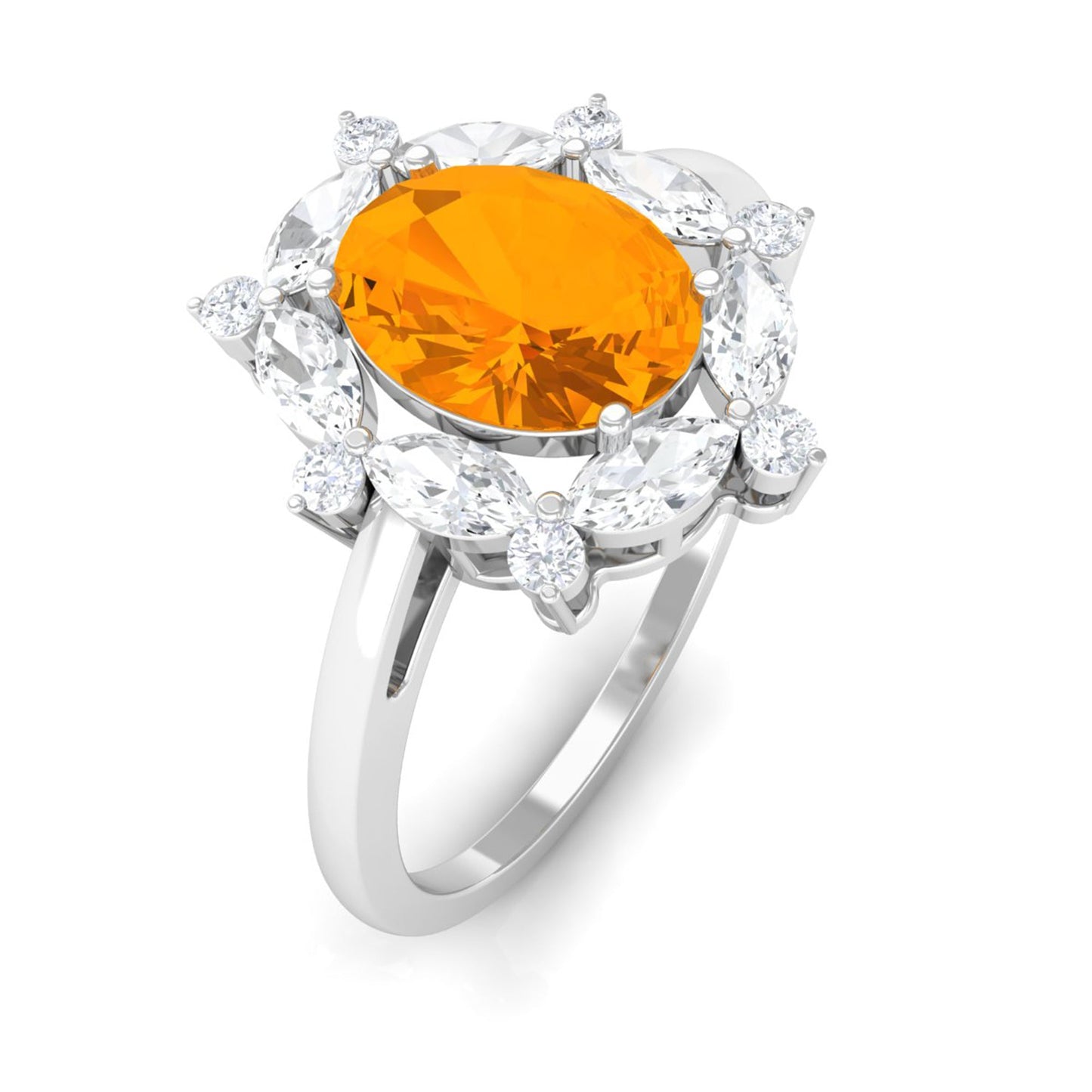 Fire Opal Designer Halo Engagement Ring with Moissanite