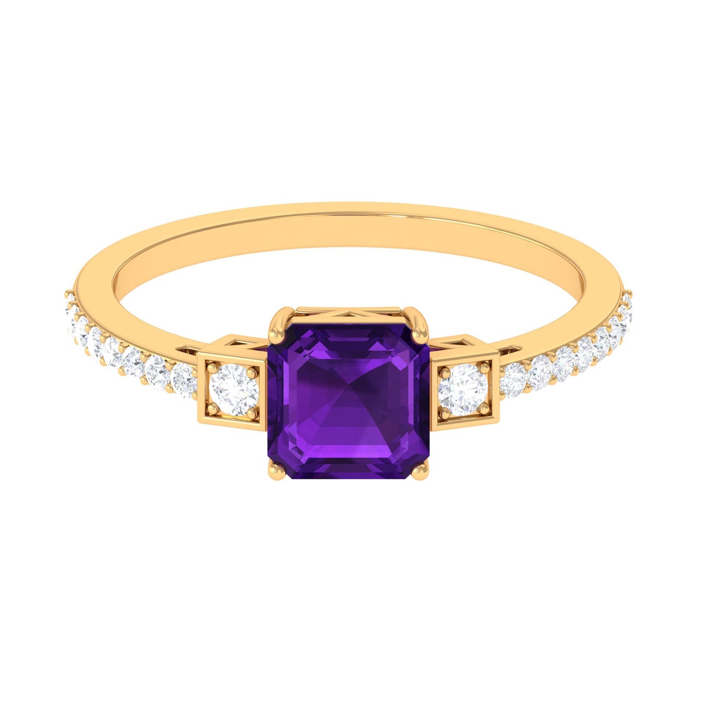 Asscher Cut Amethyst Solitaire Engagement Ring with Diamond