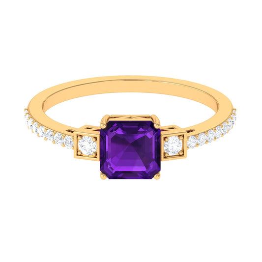 Asscher Cut Amethyst Solitaire Engagement Ring with Diamond