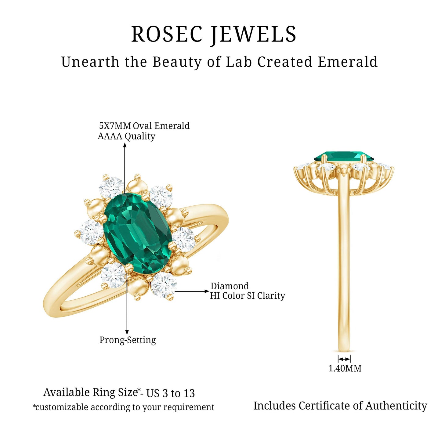 Certified 5X7 mm Oval Lab Grown Emerald Diamond Flower Engagement Ring