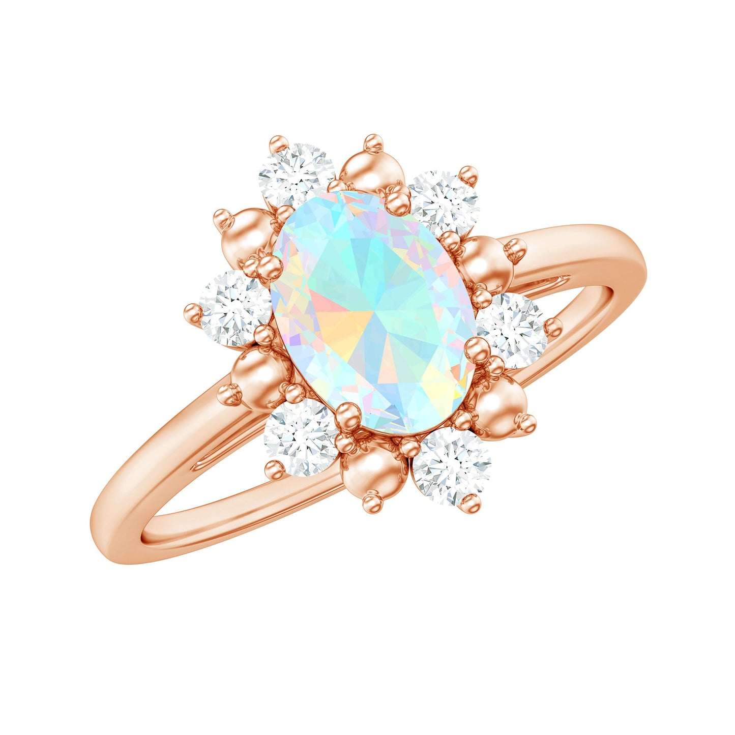 Natural 5X7mm Opalescent Oval Engagement Ring with Diamond Halo