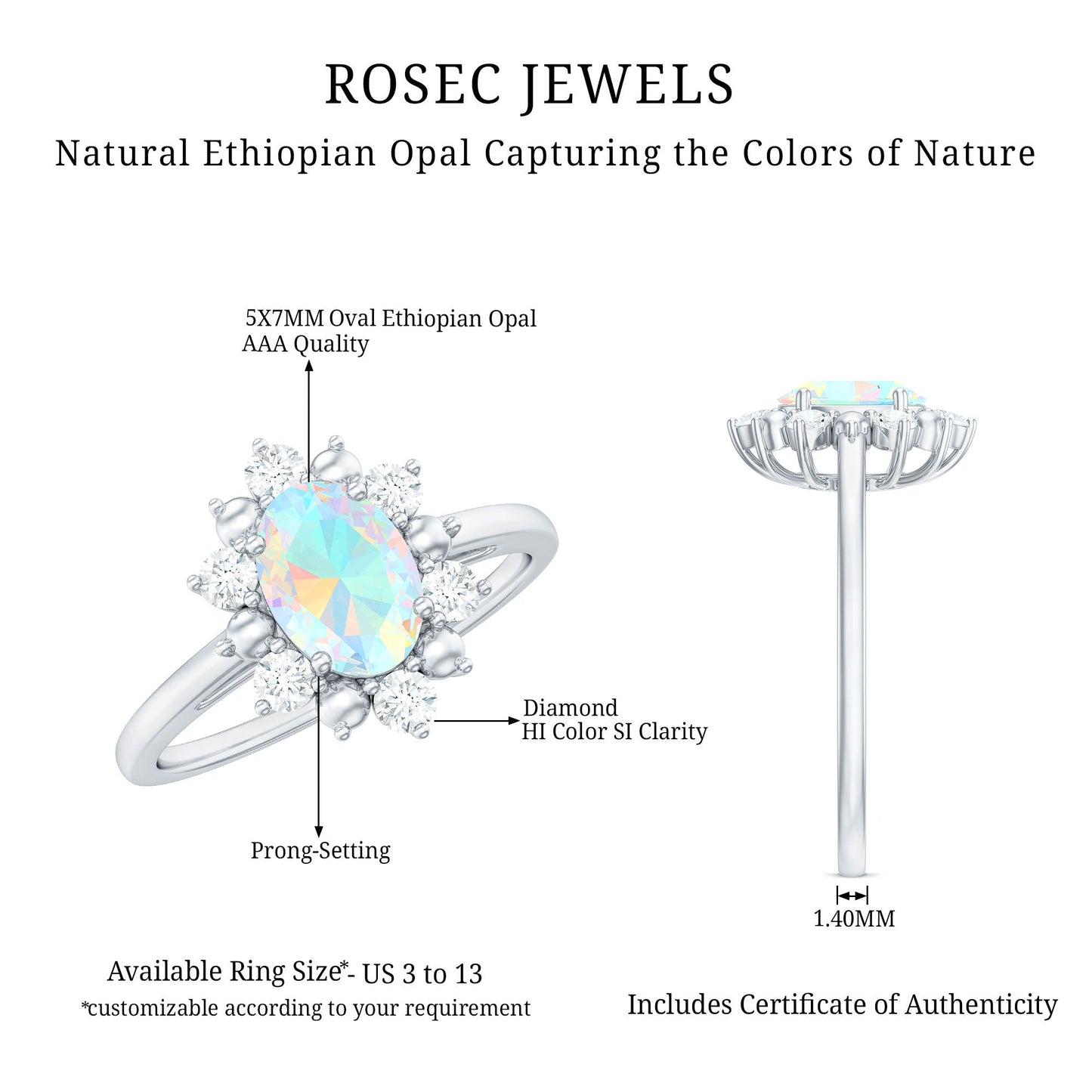 Natural 5X7mm Opalescent Oval Engagement Ring with Diamond Halo