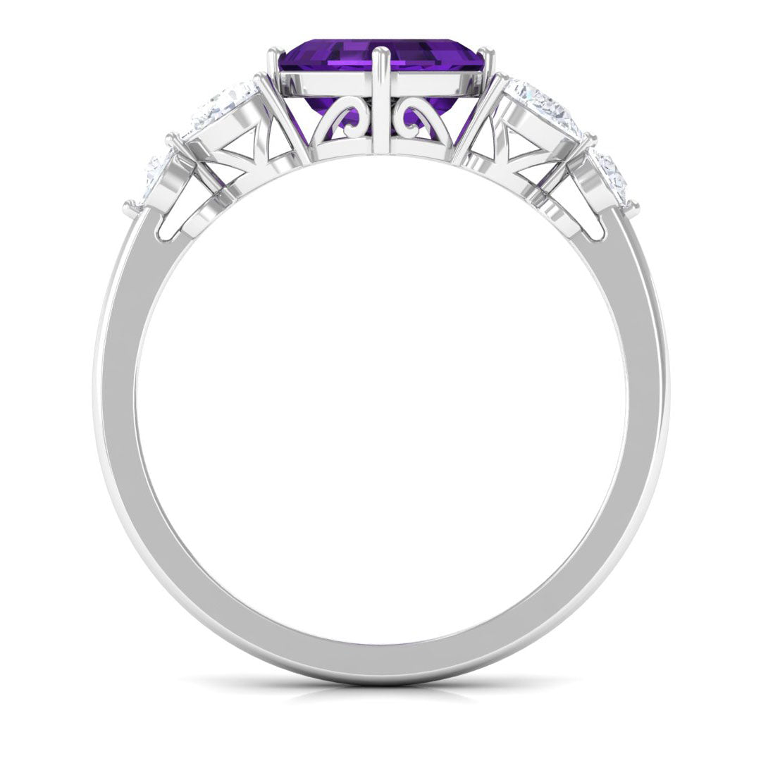 Asscher Cut Amethyst Solitaire Ring with Moissanite Side Stone
