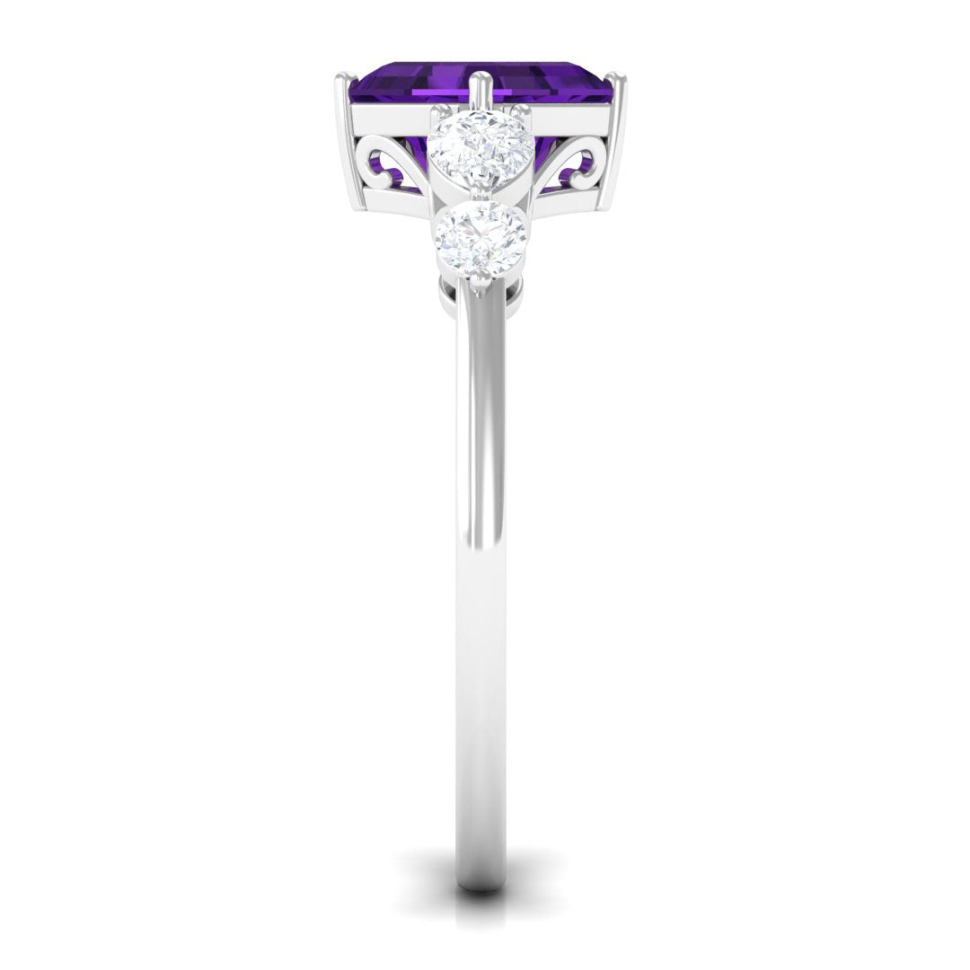 Asscher Cut Amethyst Solitaire Ring with Moissanite Side Stone