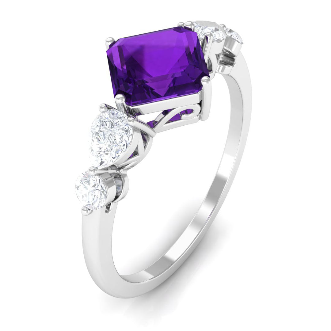 Asscher Cut Amethyst Solitaire Ring with Moissanite Side Stone