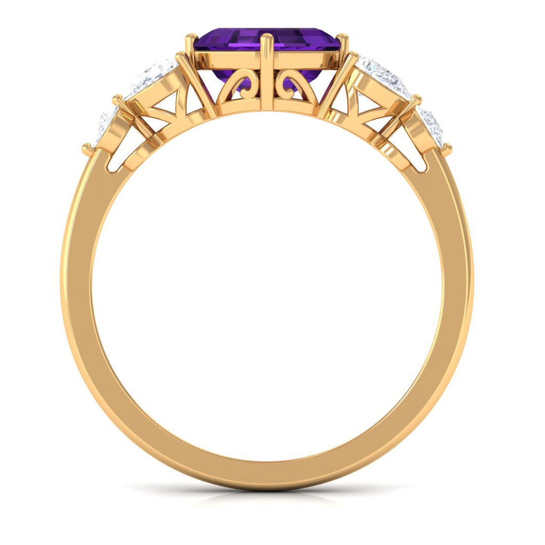 Asscher Cut Amethyst Solitaire Ring with Moissanite Side Stone