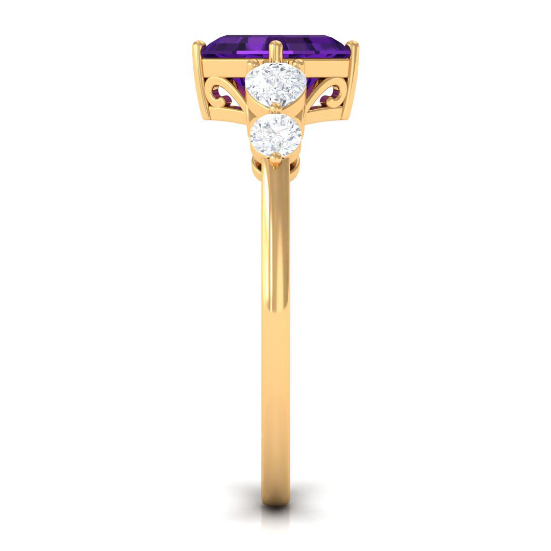 Asscher Cut Amethyst Solitaire Ring with Moissanite Side Stone