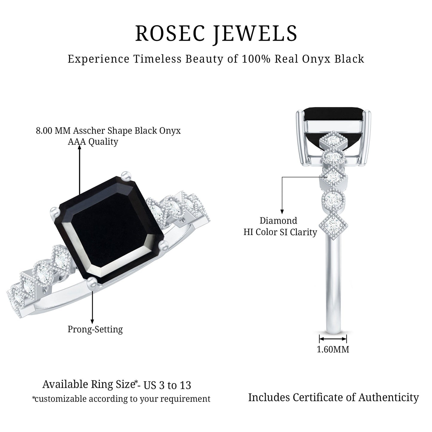 Genuine Black Onyx 8mm Asscher Cut Engagement Ring with Diamond
