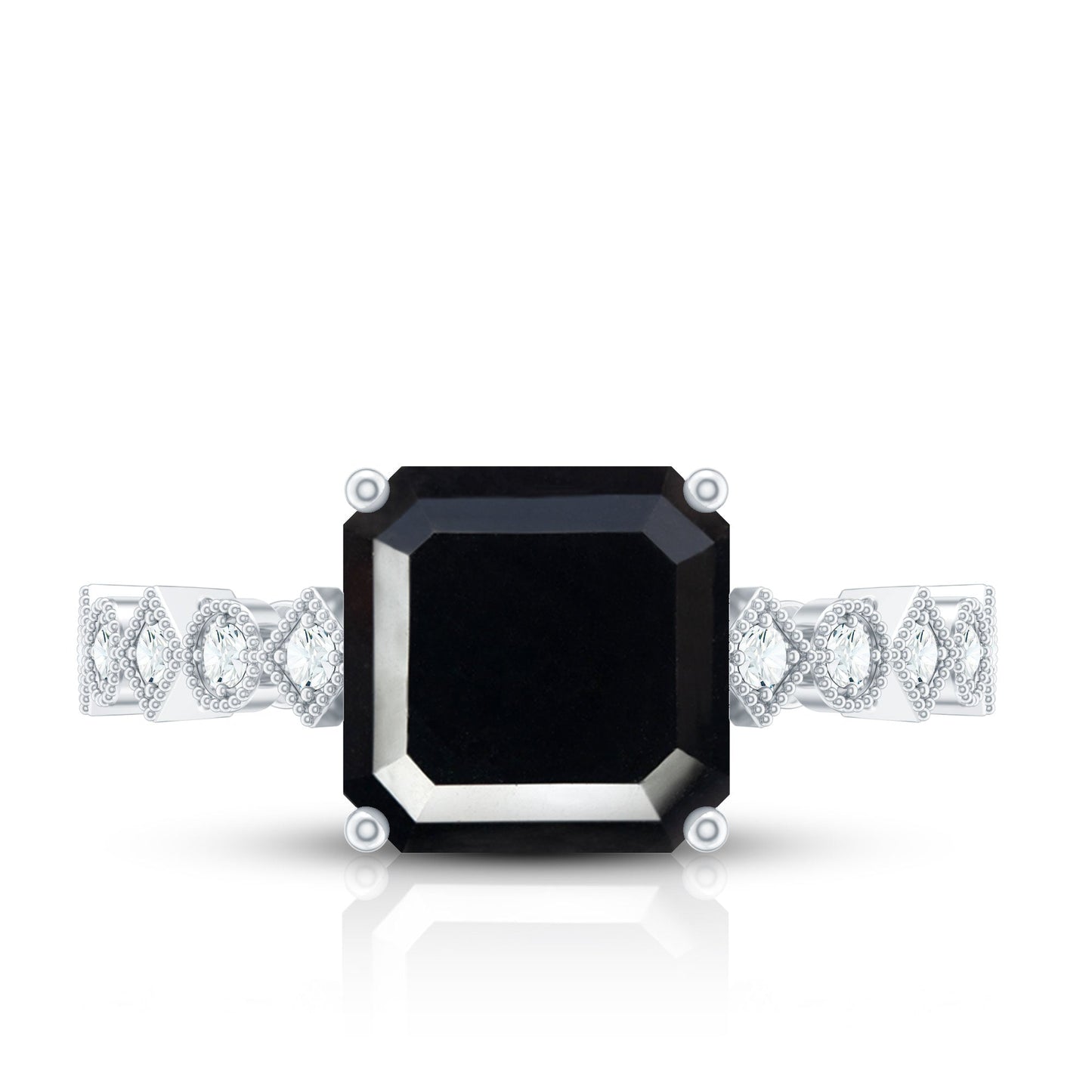 Genuine Black Onyx 8mm Asscher Cut Engagement Ring with Diamond