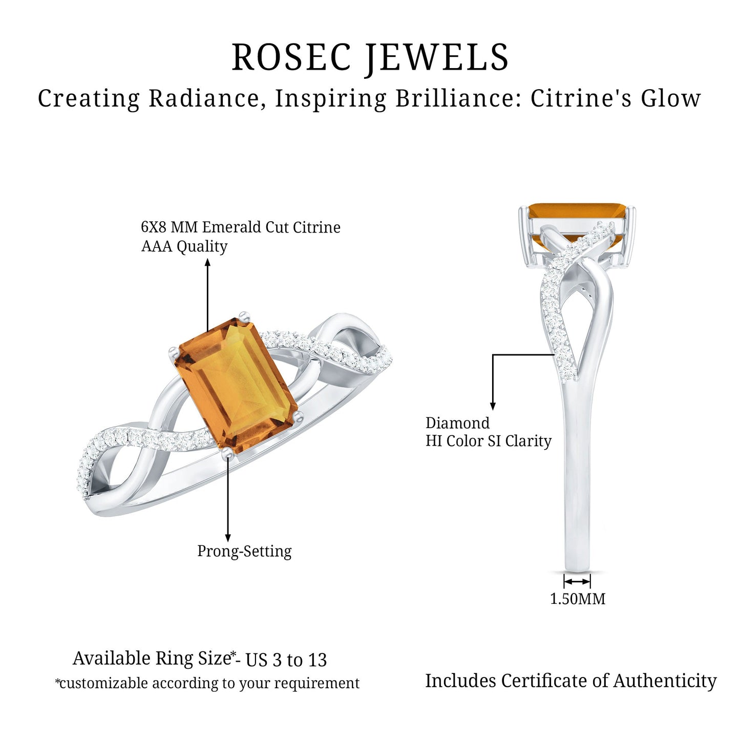 Real 6X8mm Citrine Emerald Cut Engagement Ring with Diamond Infinity Shank