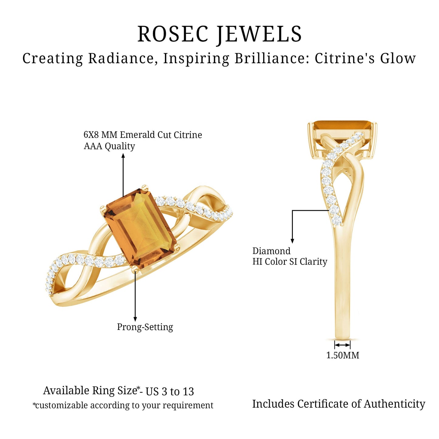 Real 6X8mm Citrine Emerald Cut Engagement Ring with Diamond Infinity Shank