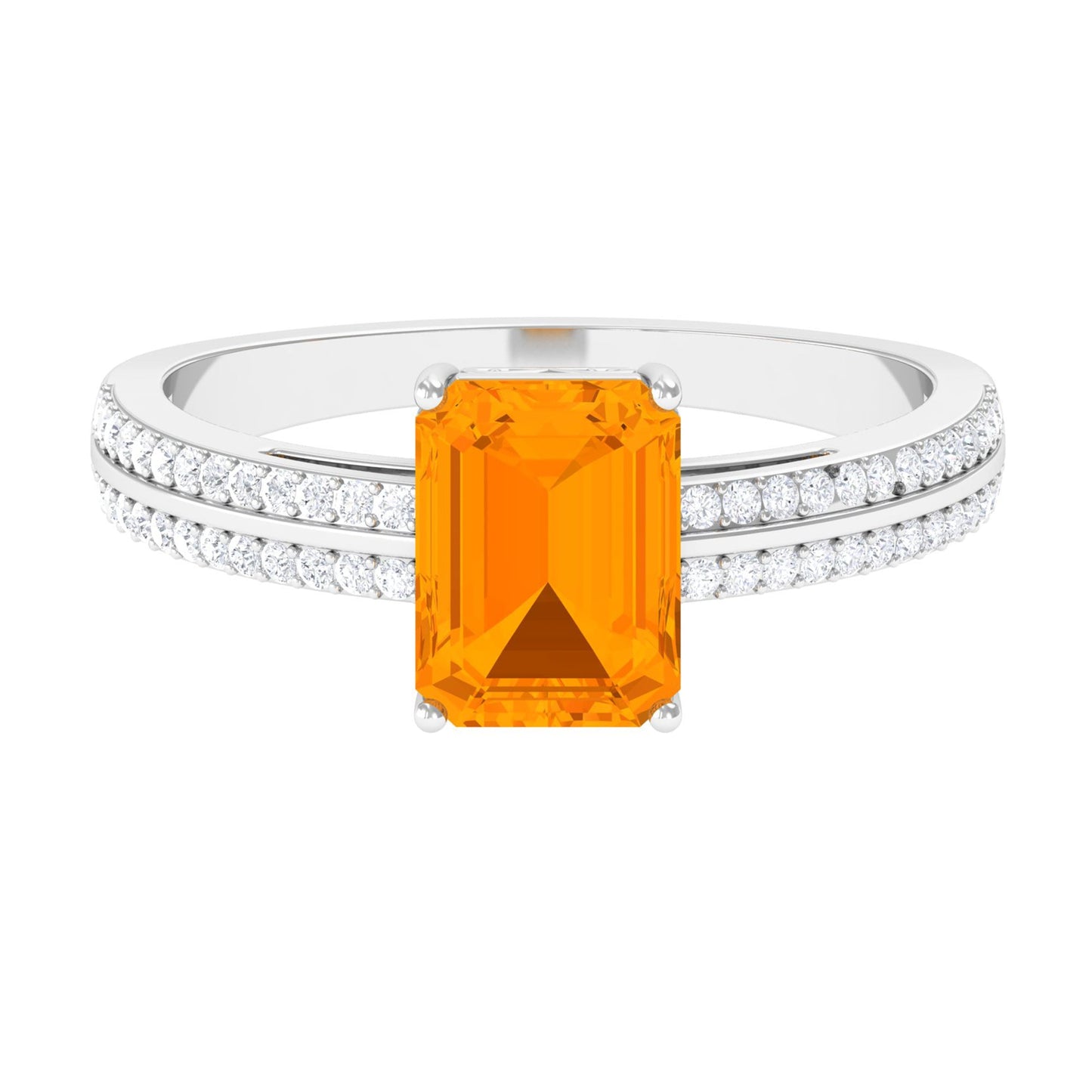 2 CT Emerald Cut Fire Opal and Diamond Side Stone Engagement Ring