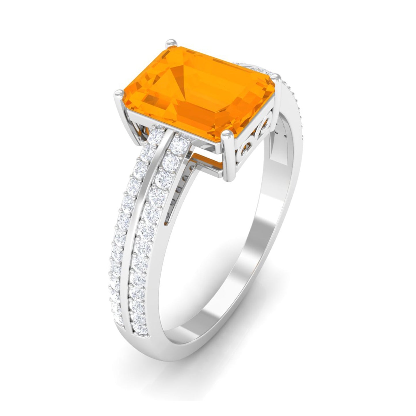 2 CT Emerald Cut Fire Opal and Diamond Side Stone Engagement Ring