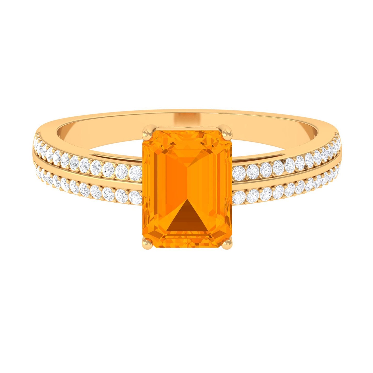2 CT Emerald Cut Fire Opal and Diamond Side Stone Engagement Ring