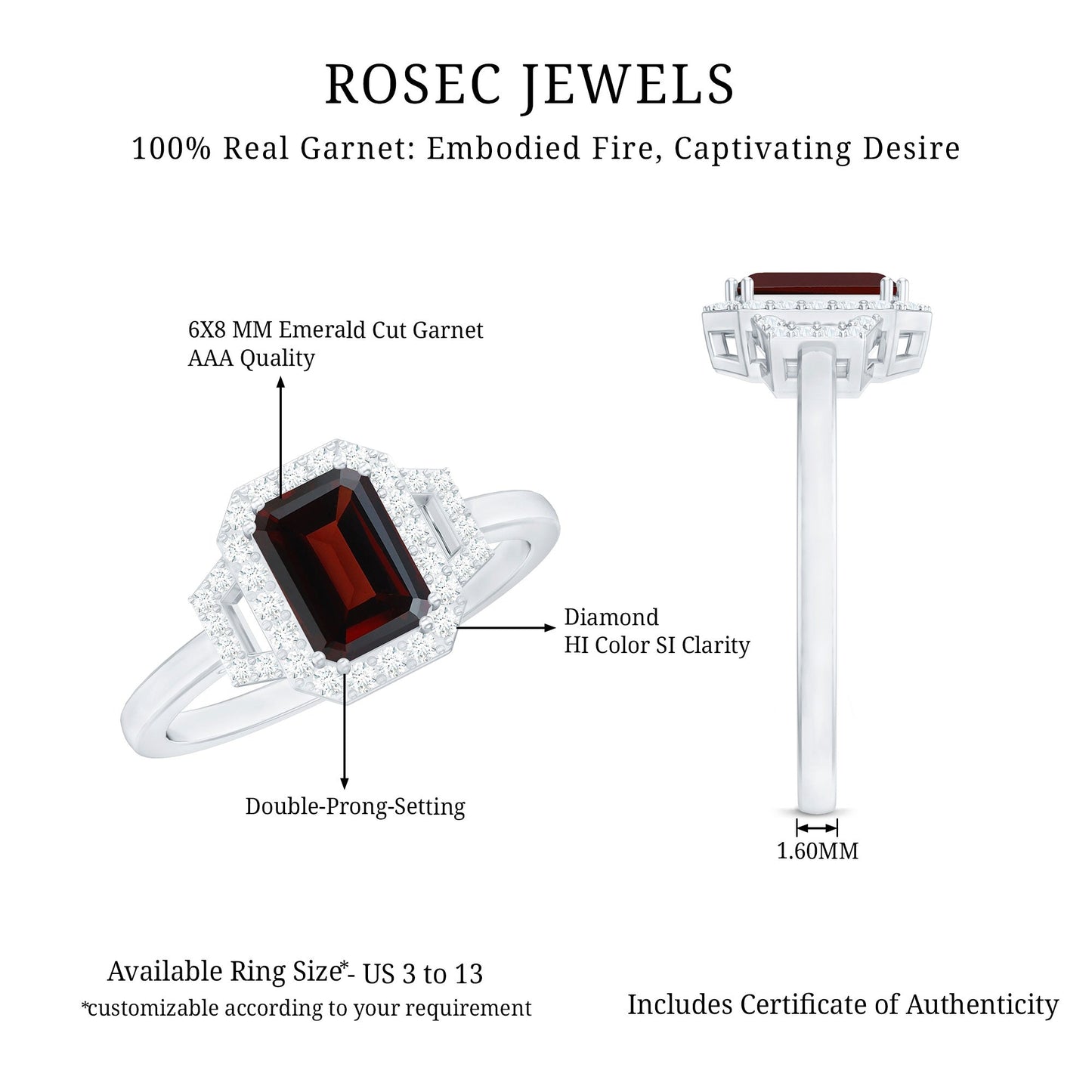 Real 6X8mm Garnet Emerald Cut Engagement Ring with Diamond Halo