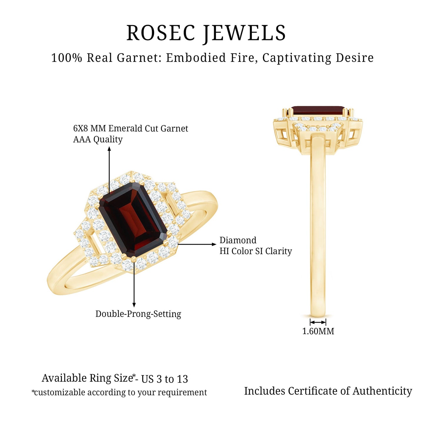 Real 6X8mm Garnet Emerald Cut Engagement Ring with Diamond Halo