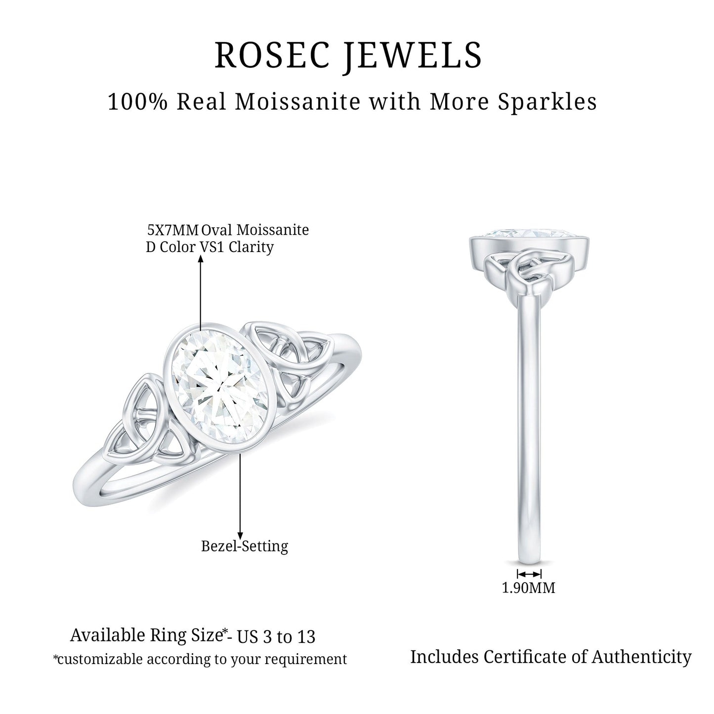 Oval Moissanite Solitaire Celtic Knot Ring in Bezel Setting