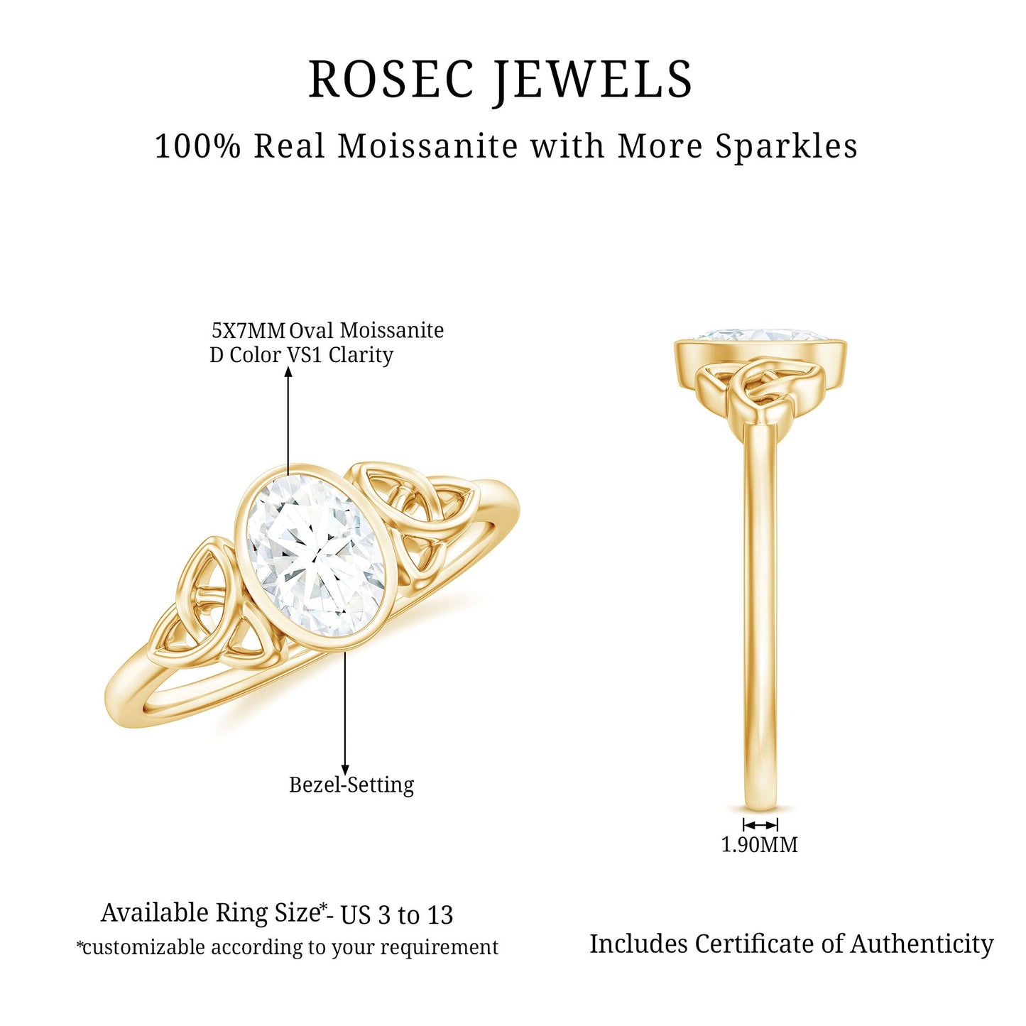 Oval Moissanite Solitaire Celtic Knot Ring in Bezel Setting