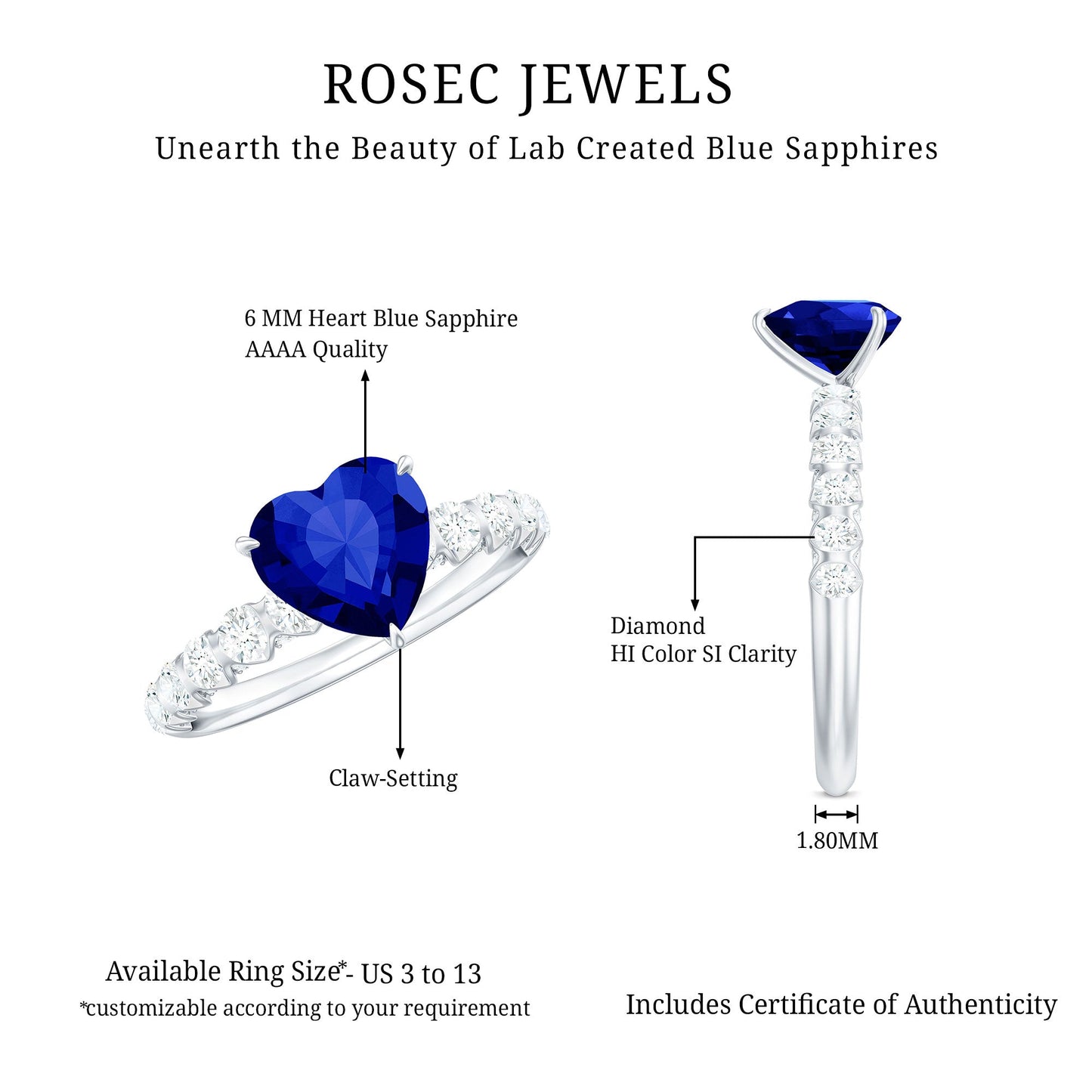 Certified 1 Carat Lab Created Blue Sapphire Heart Engagement Ring with Diamond