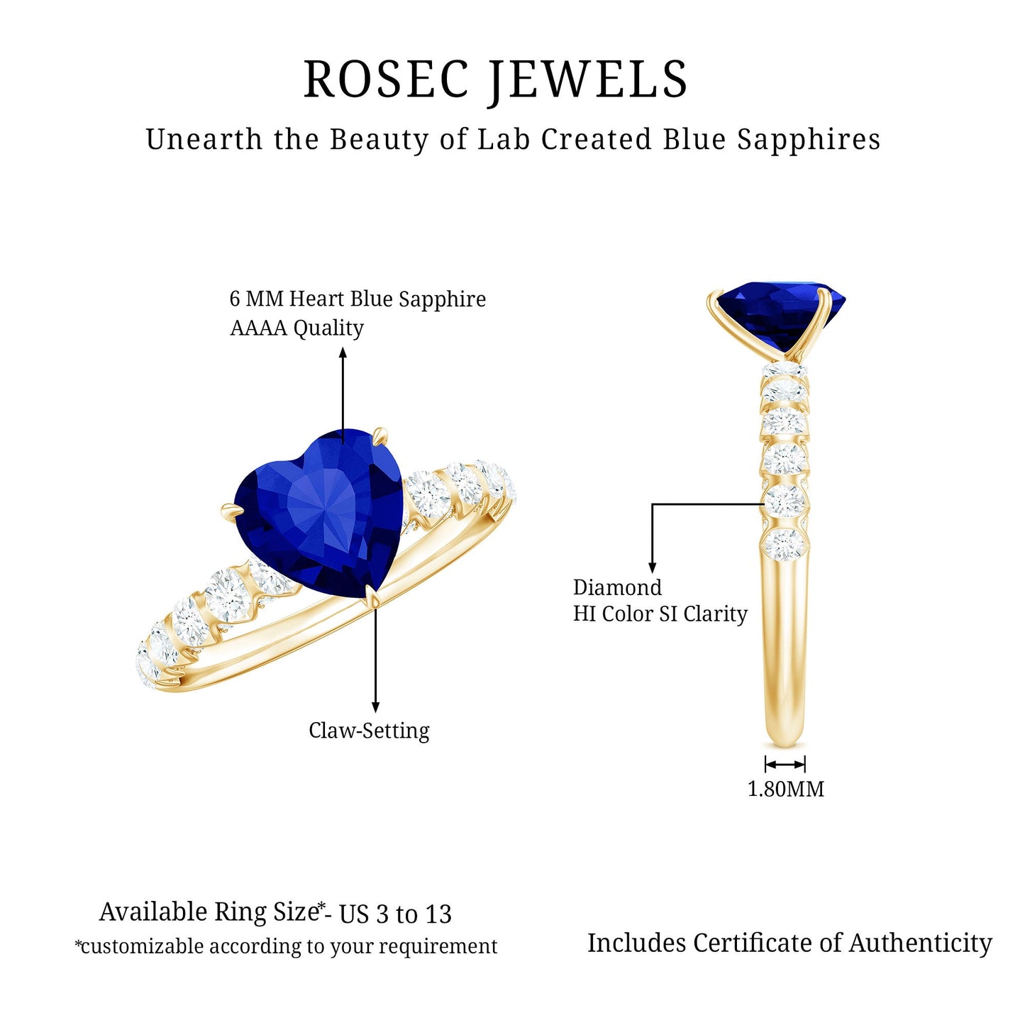 Certified 1 Carat Lab Created Blue Sapphire Heart Engagement Ring with Diamond