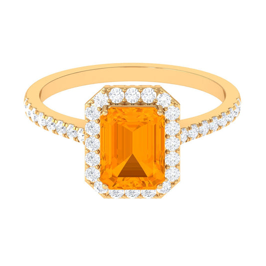 Emerald Cut Fire Opal Simple Engagement Ring with Diamond Halo