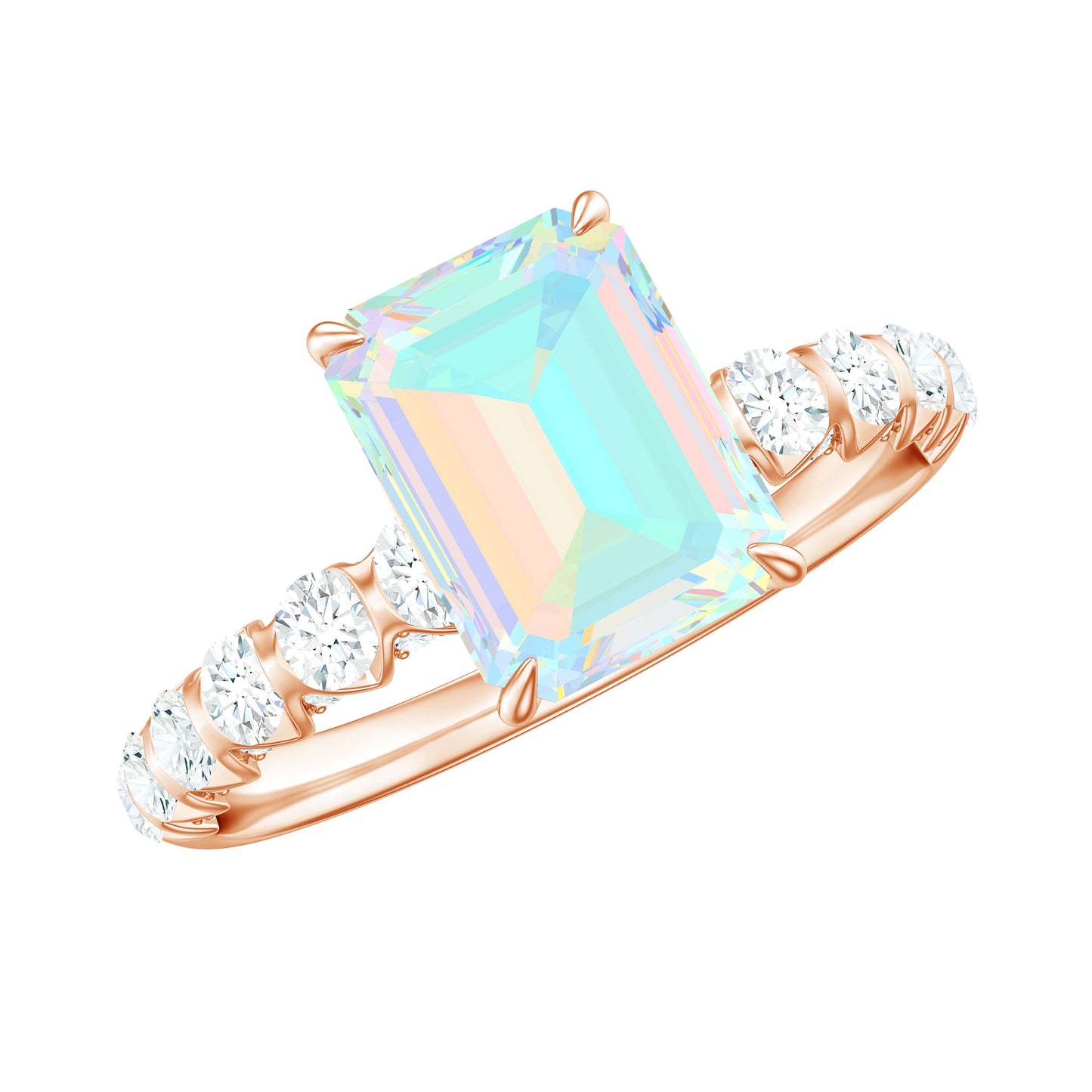 Genuine Ethiopian Opal Emerald Cut Engagement Ring with Diamond Side Stones