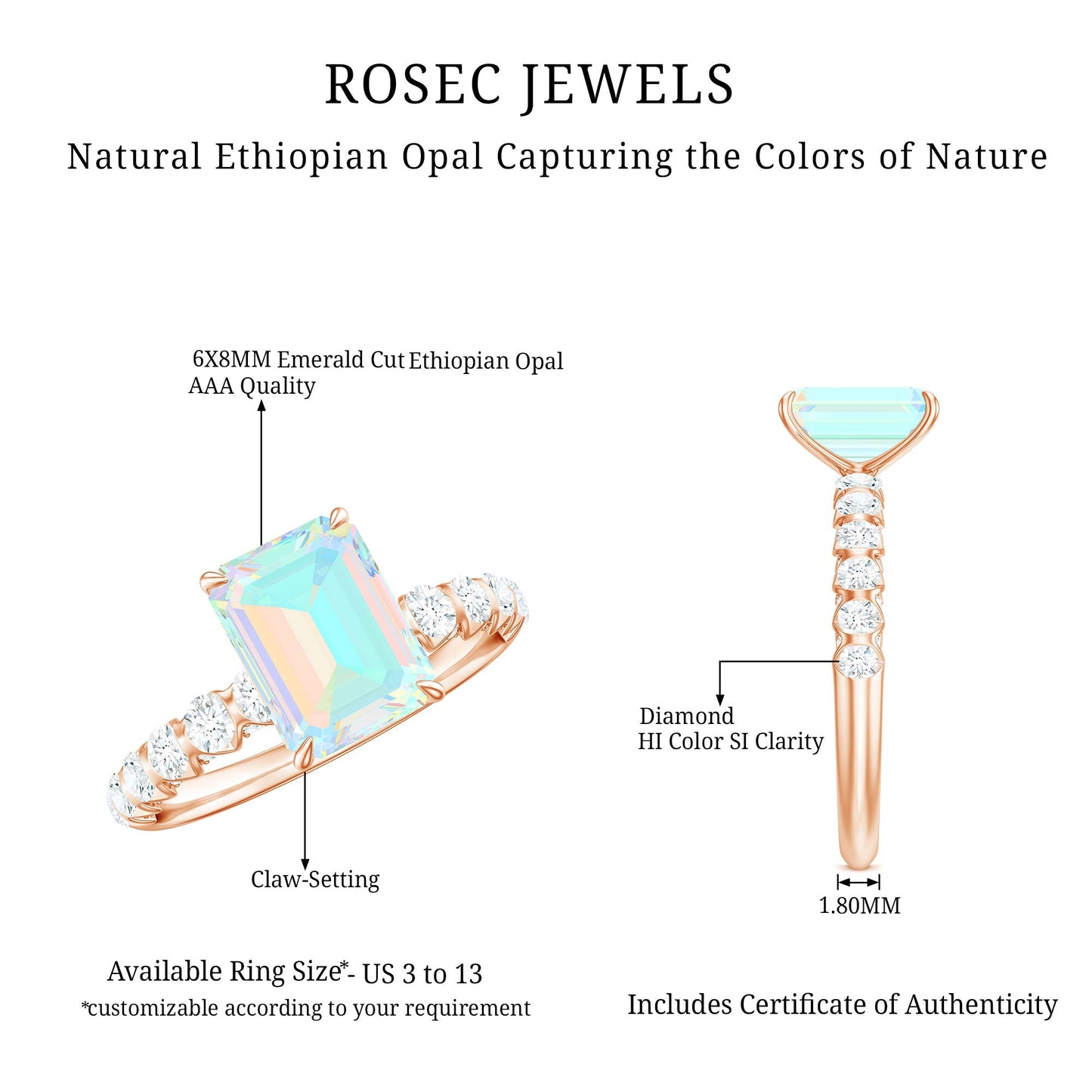 Genuine Ethiopian Opal Emerald Cut Engagement Ring with Diamond Side Stones