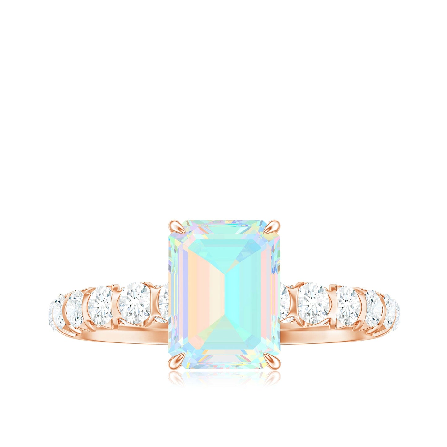Genuine Ethiopian Opal Emerald Cut Engagement Ring with Diamond Side Stones