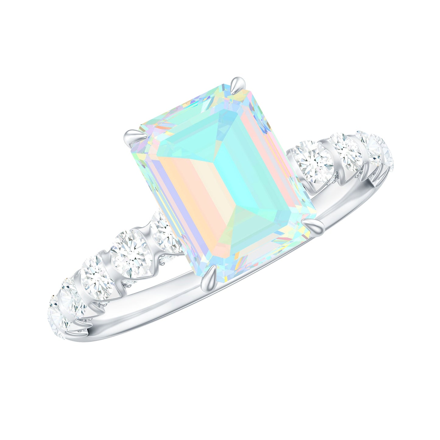 Genuine Ethiopian Opal Emerald Cut Engagement Ring with Diamond Side Stones