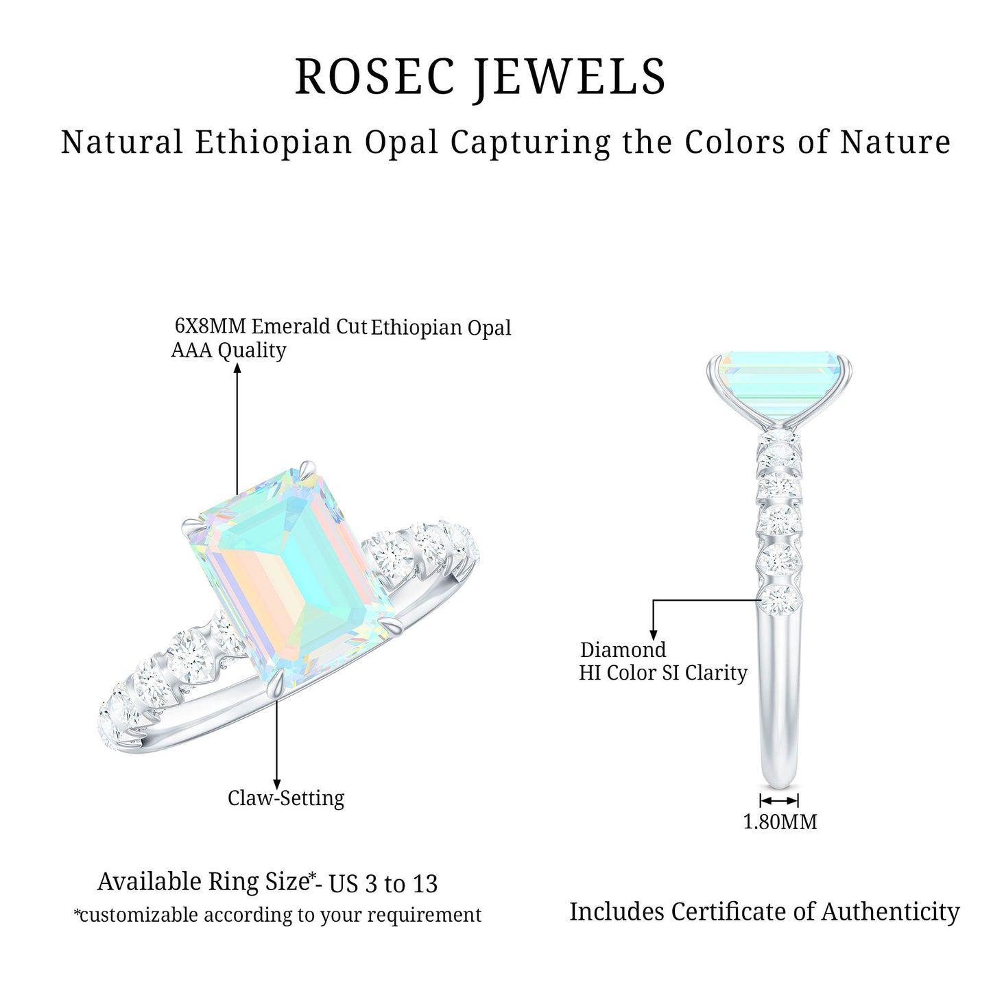 Genuine Ethiopian Opal Emerald Cut Engagement Ring with Diamond Side Stones