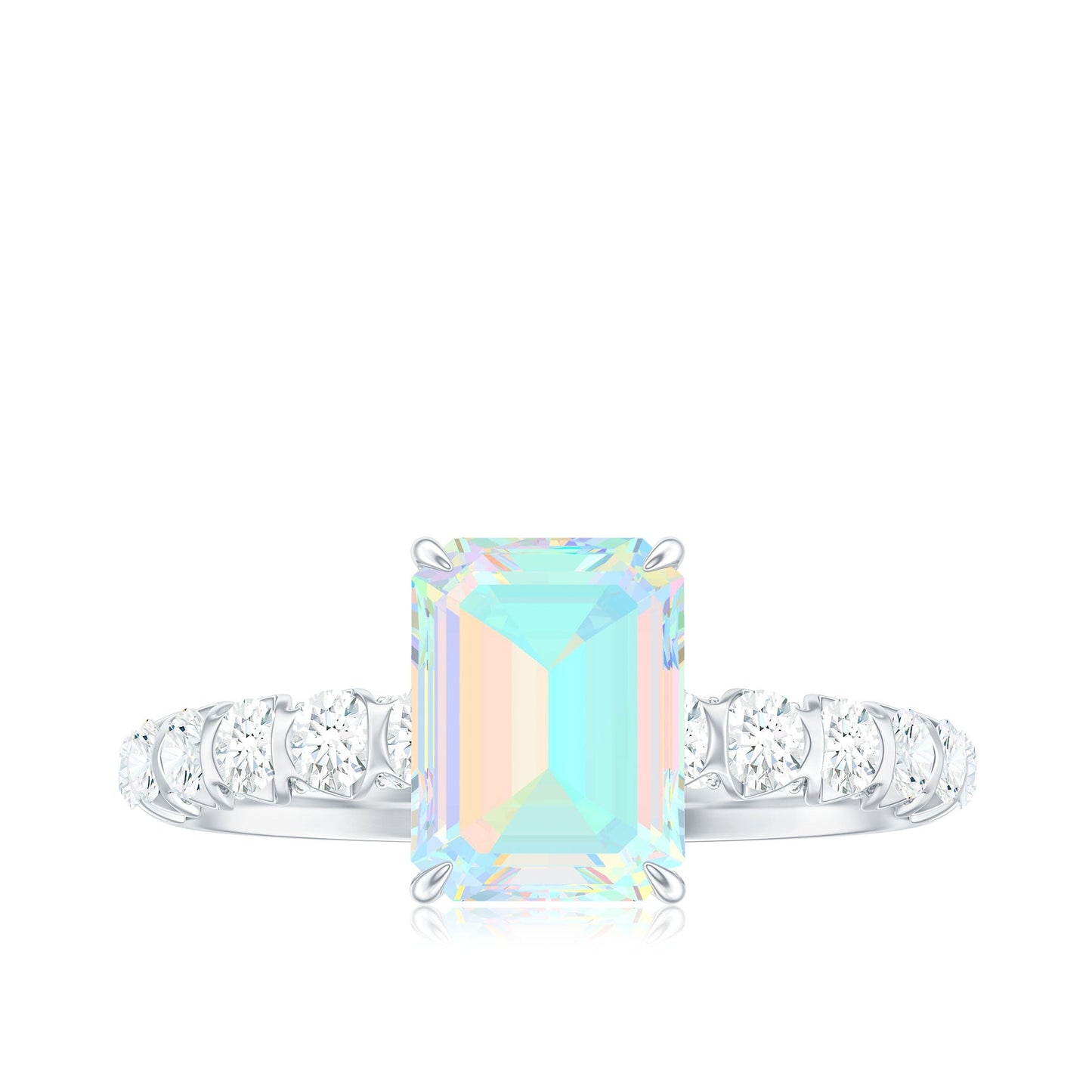 Genuine Ethiopian Opal Emerald Cut Engagement Ring with Diamond Side Stones