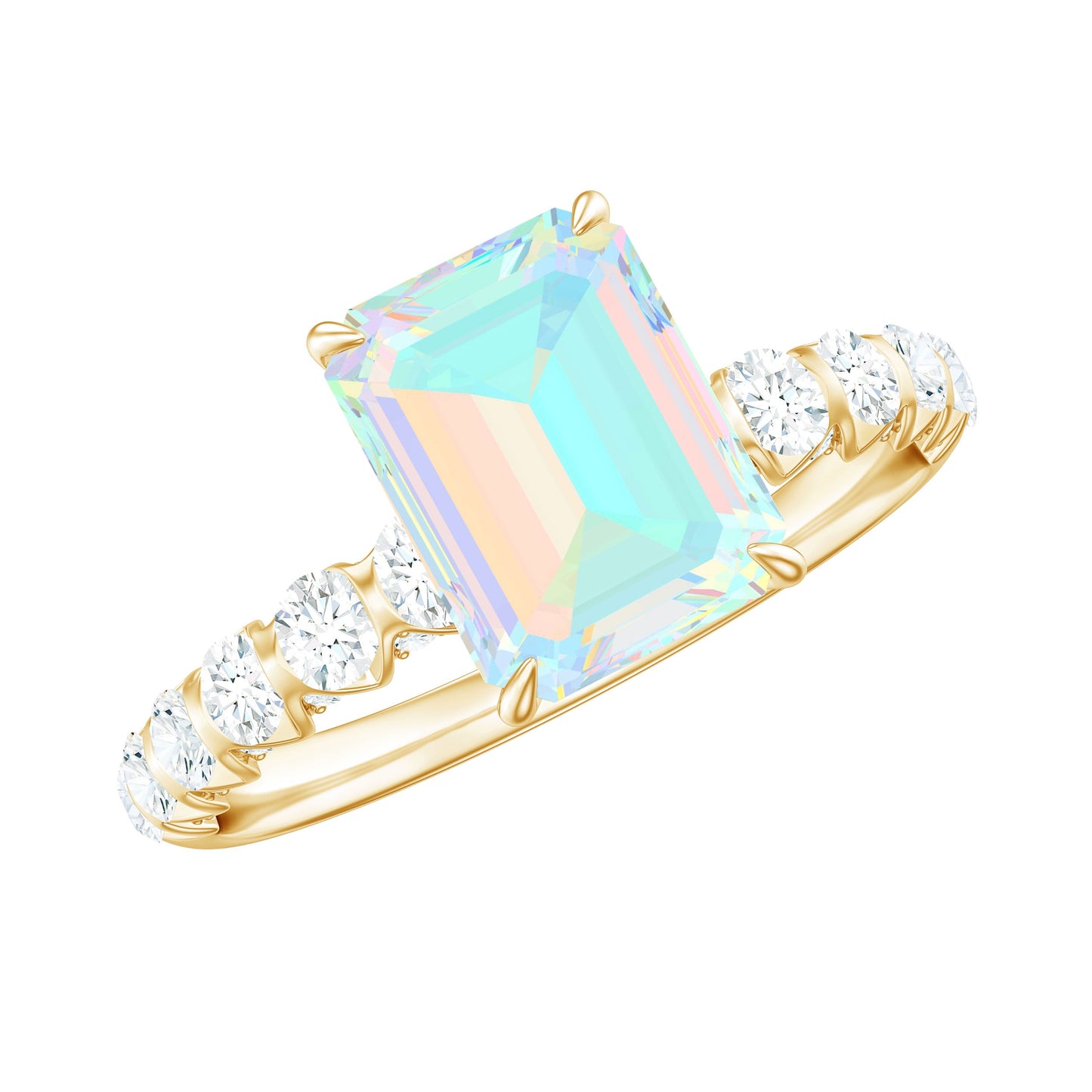 Genuine Ethiopian Opal Emerald Cut Engagement Ring with Diamond Side Stones
