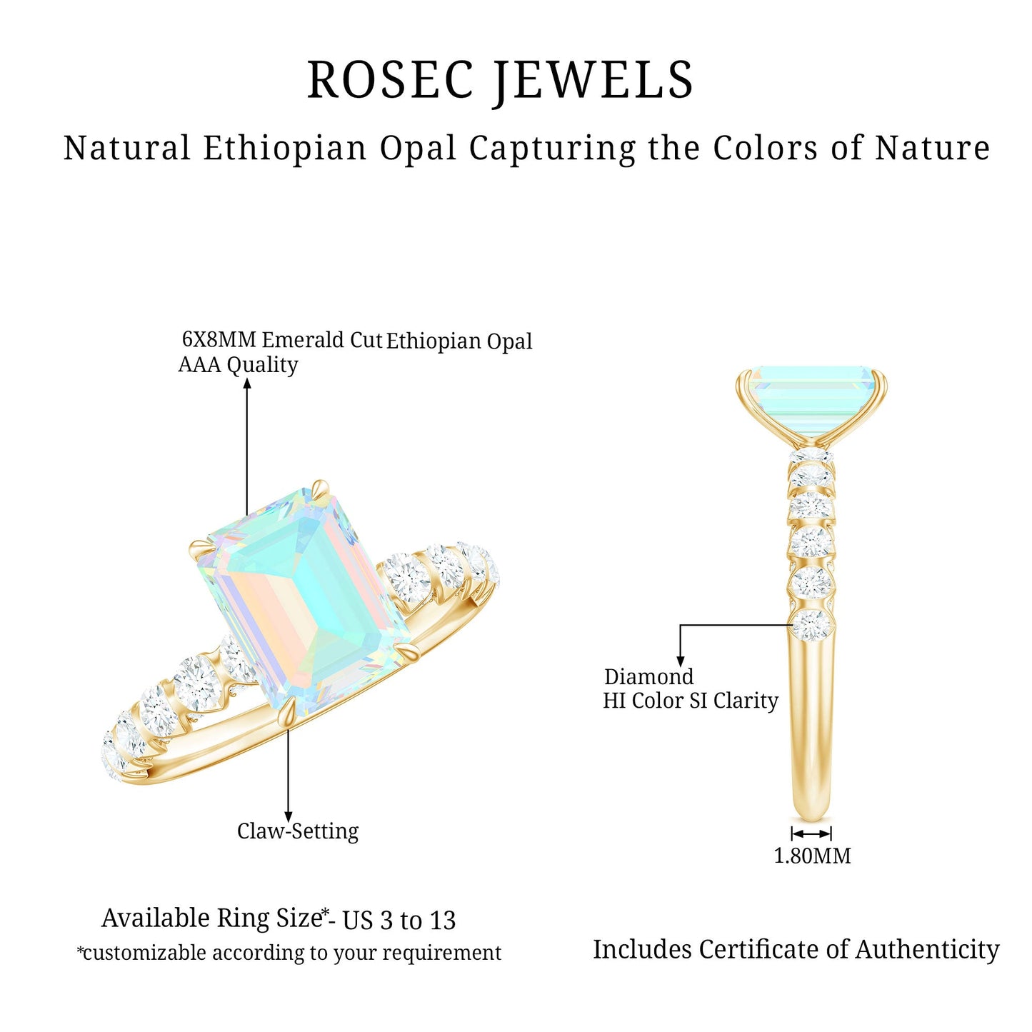 Genuine Ethiopian Opal Emerald Cut Engagement Ring with Diamond Side Stones