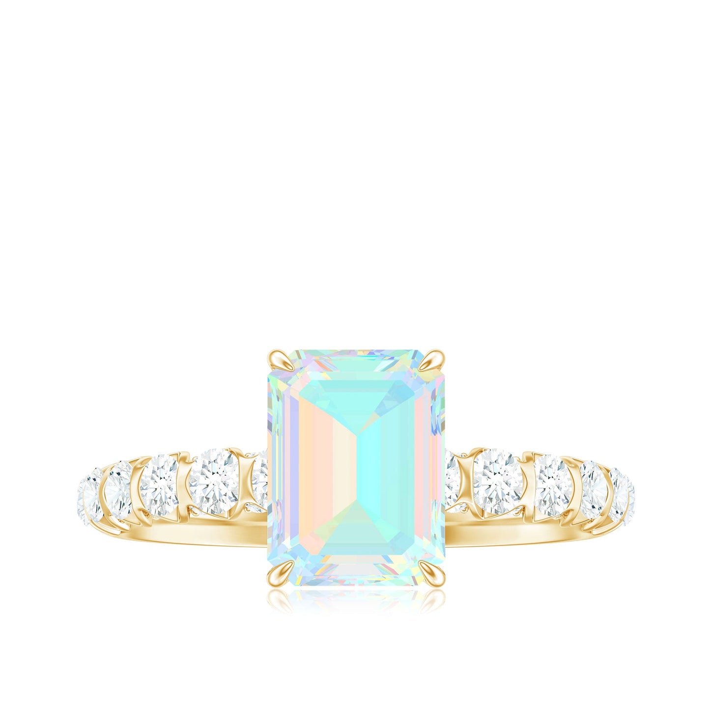Genuine Ethiopian Opal Emerald Cut Engagement Ring with Diamond Side Stones