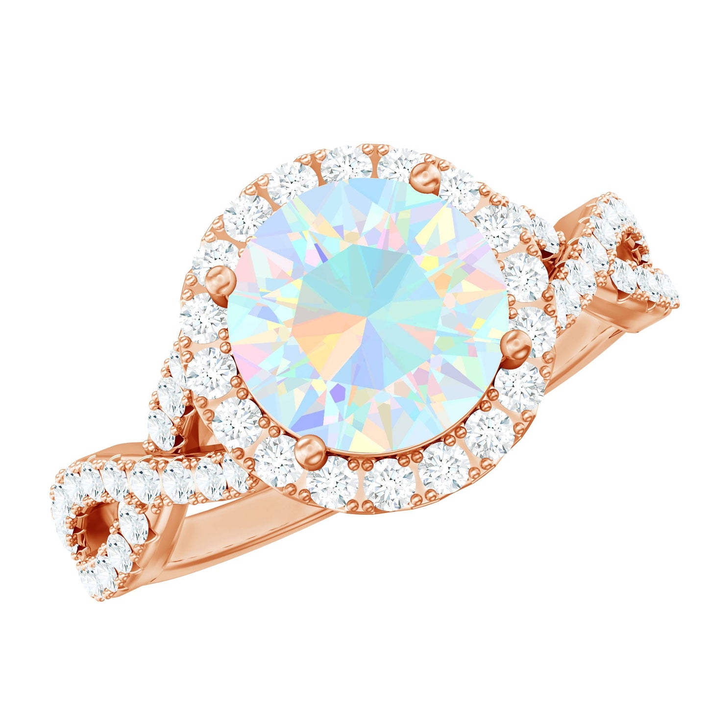 Real 8mm Ethiopian Opal Halo Engagement Ring with Crossover Shank