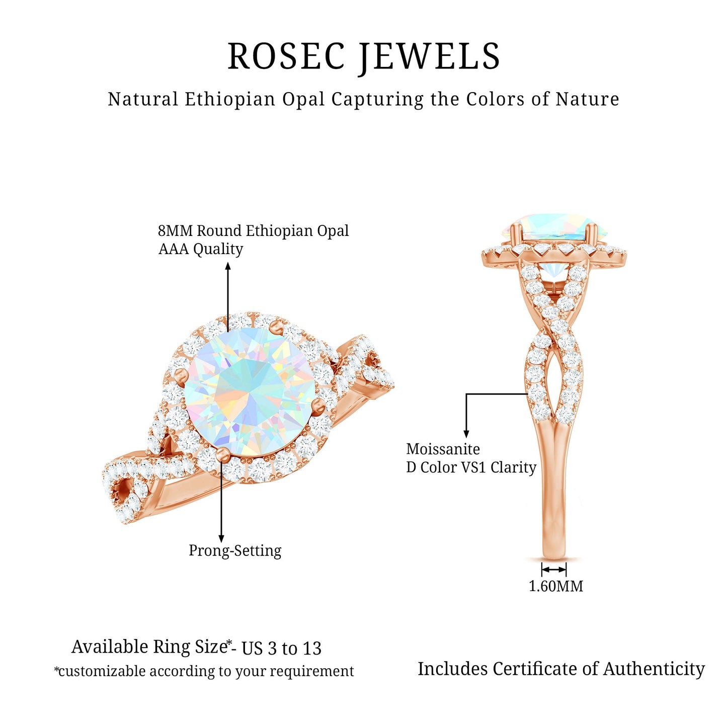 Real 8mm Ethiopian Opal Halo Engagement Ring with Crossover Shank