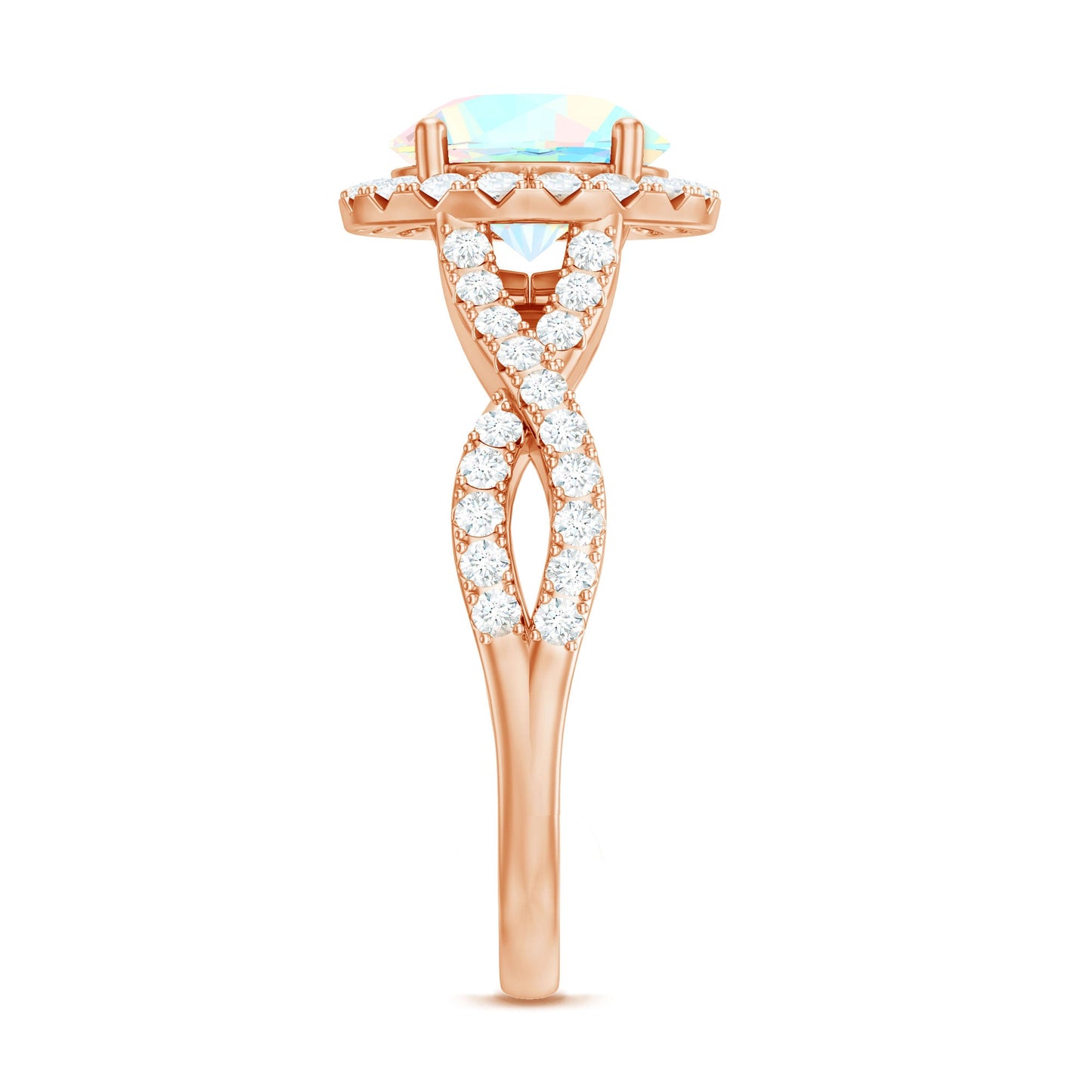 Real 8mm Ethiopian Opal Halo Engagement Ring with Crossover Shank