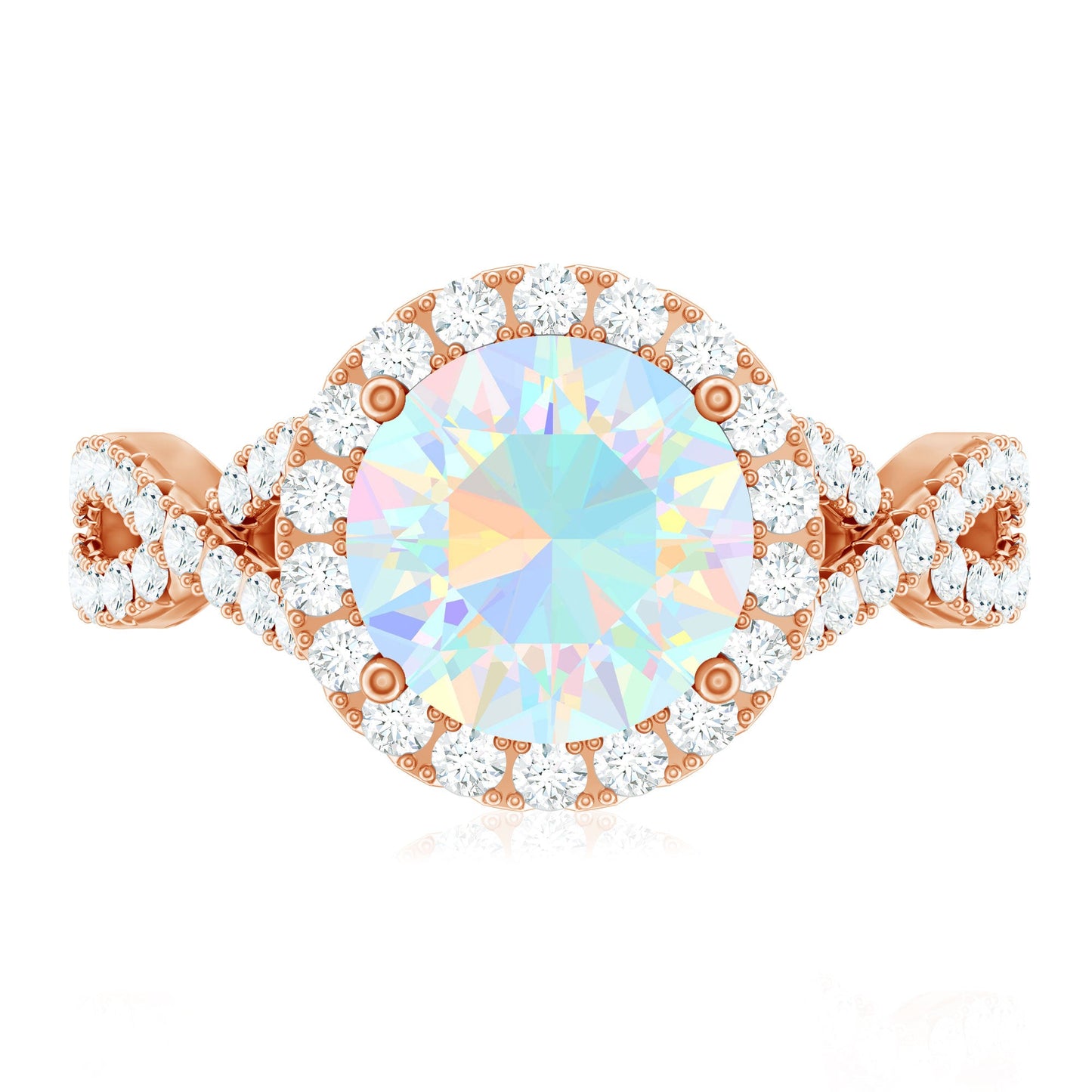 Real 8mm Ethiopian Opal Halo Engagement Ring with Crossover Shank