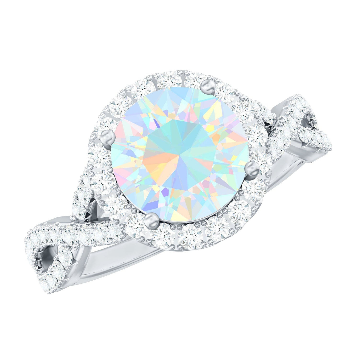 Real 8mm Ethiopian Opal Halo Engagement Ring with Crossover Shank