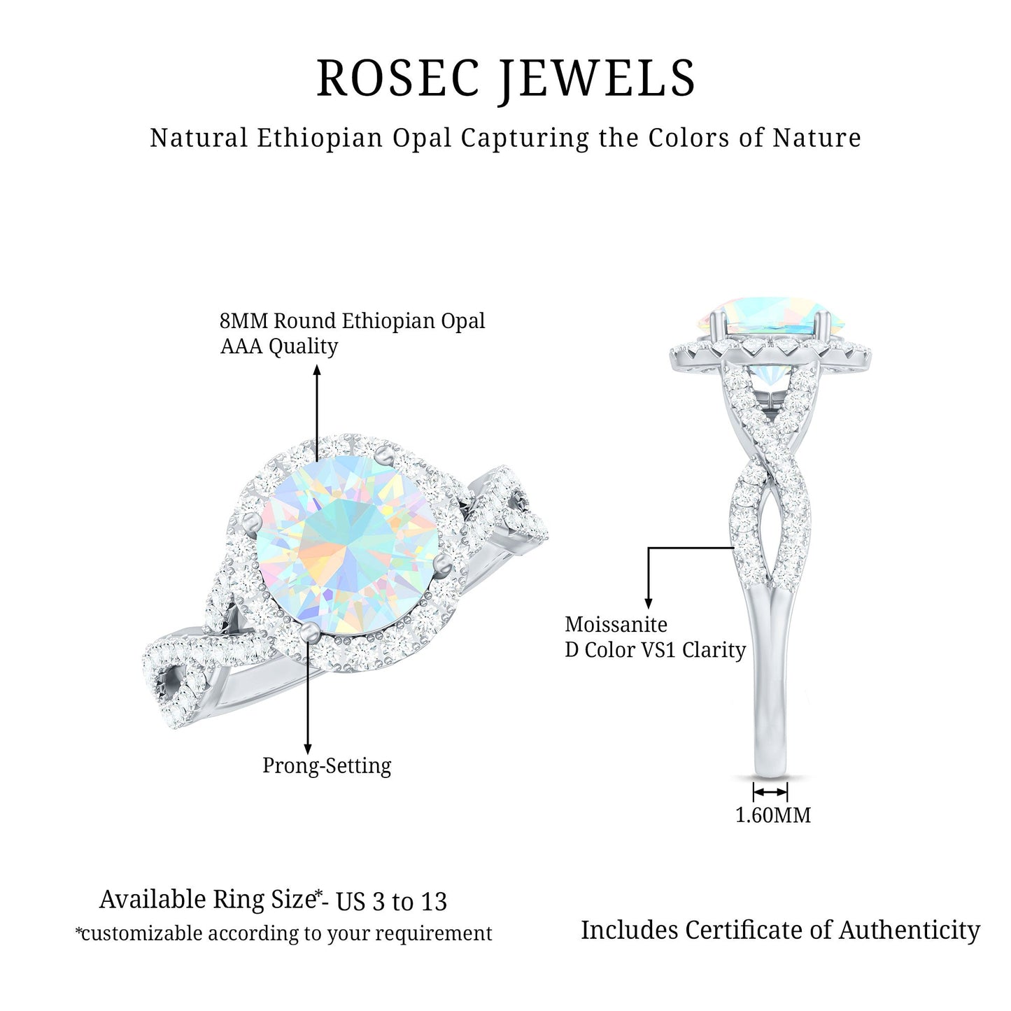 Real 8mm Ethiopian Opal Halo Engagement Ring with Crossover Shank